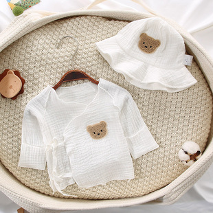 日本新生婴儿纱布半背衣，夏季薄款可爱小熊，男女宝宝系带长袖上衣