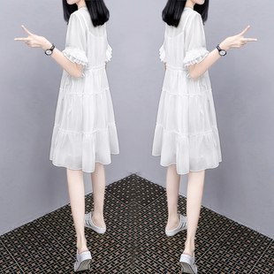 白色娃娃裙女2023夏季气质显瘦蕾丝大码宽松天丝雪纺连衣裙