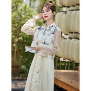 24新中式国风竹林刺绣半身裙，+汉元素，立领水墨印花上衣套裙zm24323