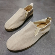 夏季日系复古中国风素色简约一脚蹬亚麻布鞋透气套脚懒人鞋男纯色