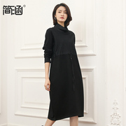 赫本风法式连衣裙秋装半高领条纹宽松显瘦中长款气质黑色长袖裙子
