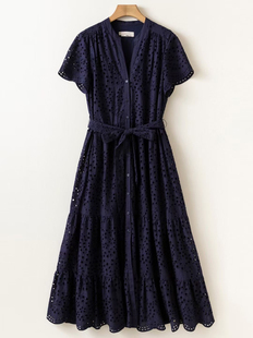 出口英国 H家时尚 刺绣镂空V领花边袖腰带修身气质藏青色连衣裙