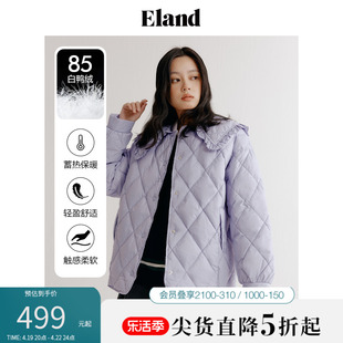 Eland衣恋羽绒服女甜美大翻领菱格压纹短款单排扣外套冬