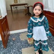韩国童裙春秋波西米亚裙子儿童，蕾丝花边领连衣裙印花女童长裙