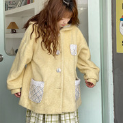 蛋包饭餐厅_奶黄色毛呢，外套女春季日系可爱学生慵懒风呢子大衣