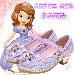 女童高跟鞋2024春秋小孩，爱莎苏菲亚小皮鞋水晶，软底公主儿童鞋