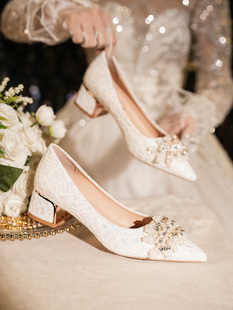 法式订婚鞋新娘主婚纱，高跟鞋女粗跟温柔风蕾丝，单鞋平常可穿不累脚