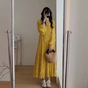 韩国chic2024春季修身显瘦法式复古长裙黄色，褶皱雪纺连衣裙女