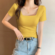 姜黄色(姜黄色)短袖t恤女修身方领露锁骨，纯色上衣纯棉打底衫正肩半袖夏季