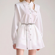 2023春季镂空白色衬衫裙，气质减龄垫肩连衣裙，小众设计名媛女装