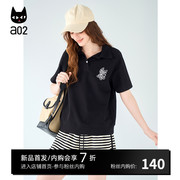 a02polo领黑色短袖T恤女2024夏季宽松显瘦遮肉设计感半袖夏装