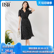 OSA欧莎轻薄雪纺连衣裙女夏季2023年气质收腰黑色印花v领裙子