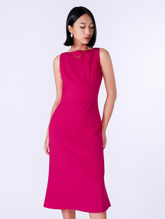 brandbymei玫红色辣妹连衣裙一字，领绝美裙收腰，修身气质露肩长裙