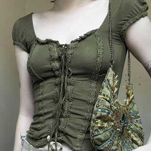IUAE森系vintage复古绿上衣短袖女蕾丝分割条低领绑带小众中古T恤