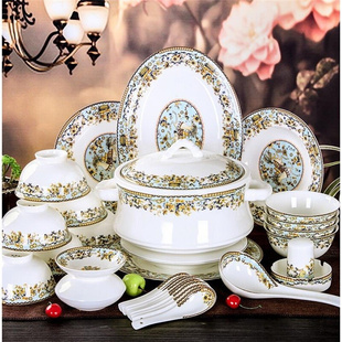 景德镇陶瓷器56头釉中彩骨瓷，餐具碗碟套装家用中式吃饭碗盘子