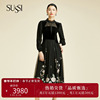 sussi古色冬季商场，同款黑色网纱刺绣，立领泡泡袖中长连衣裙