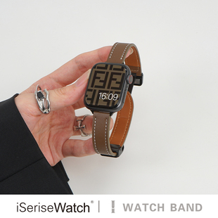 iserisewatch适用apple watchs8表带iwatch9代苹果手表se皮质表带磁吸创意高级复古细41/45mm男女生夏天