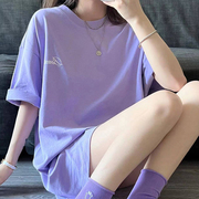 休闲夏季女装2024韩版大码宽松百搭短袖紫色T恤女上衣ins