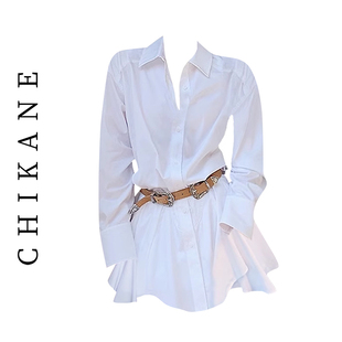 CHIKANE 法式气质白色翻领收腰衬衫裙子+高腰休闲遮胯短裤两件套