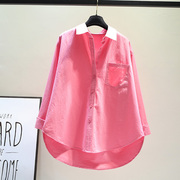 玫粉色单口袋(单口袋)不规则长袖棉布衬衫女2024春秋，中式设计感上衣潮