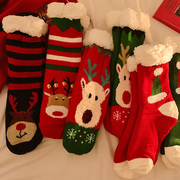 圣诞毛绒袜子女秋冬加绒加厚保暖中筒袜，家居睡眠袜防滑地板袜