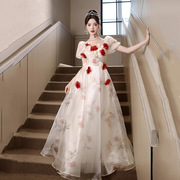法式晚礼服裙女红色花朵仙气长裙，宴会气质公主风高级感超仙连衣裙