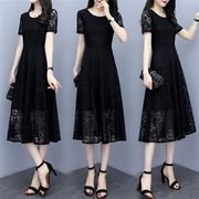 黑色蕾丝裙子2023夏装，女质感高级感中长款收腰显瘦短袖连衣裙