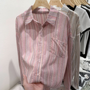 粉色条纹打底衬衫外套女春季韩系复古休闲百搭衬衣，设计感小众上衣