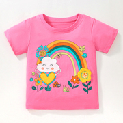 女童粉红短袖T恤宝宝纯棉上衣小童夏装婴幼儿半袖打底衫彩虹云朵