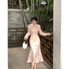 三个裁缝步步生莲新中式，改良国风加绒粉色旗袍连衣裙，女装秋冬款