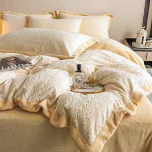 日式雕花绒床上四件套冬季珊瑚，绒保暖舒适被套加厚牛奶绒床上用品