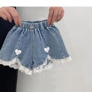 巴拉同款女童夏季短裤2023爱心韩版儿童牛仔裤薄款蕾丝花边宝