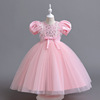 女童泡泡袖公主裙蕾丝长裙网纱粉色中小童演出裙钢琴表演礼服