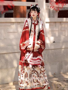 汉服古风套装改良和服女冬款中国风明制方领刺绣拜年服加绒