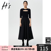 hs奥莱2023秋季女装，黑色镂空性感修身外搭时尚中袖针织衫