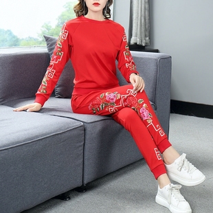 中国风牡丹刺绣运动套装女春秋红色洋气绣花大码休闲卫衣两件套裤