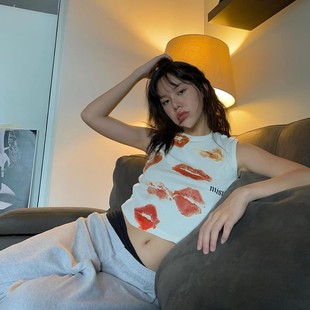 Exclusive type 韩国小众性感红唇印花短款显瘦吊带无袖背心上衣
