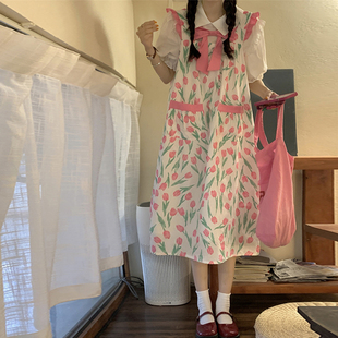 大码女装胖妹妹显瘦套装泡泡，袖衬衫+粉色郁金香蝴蝶结印花吊带裙