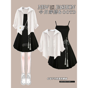 中式复古黑色吊带连衣裙女春季2024设计感小个子短款半袖衬衫
