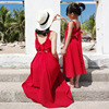 母女装夏装沙滩裙Y8女童酒红色波西米亚长裙百搭露背连衣裙亲子装