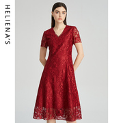 海兰丝2023商场同款连衣裙红色短袖V领裙子喜庆婚礼婆婆装连衣裙