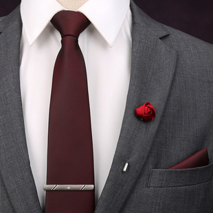 四件套酒红领带男士正装，商务休闲韩版结婚新郎，懒人领结方巾领带夹