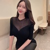 韩国东大门蕾丝拼接微透中袖针织衫，显身材性感t恤小衫女上衣