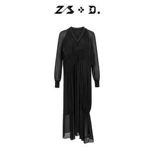 zs+dv领不规则希腊女神，长裙秋季极简质感收腰压褶连衣裙661d785z