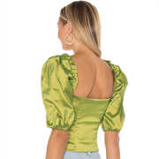 荧光牛油果绿法式复古泡泡袖收腰低胸短袖衬衫上衣