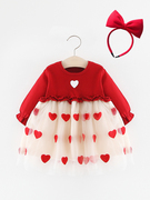 婴儿秋冬加绒裙子女童，连衣裙公主女宝宝，一周岁礼服红色洋气拜年服