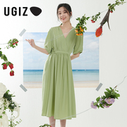 UGIZ商场同款2022夏季韩版女装休闲纯色V领长裙女UBOF833