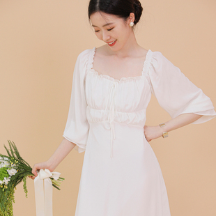 tansshop法式优雅白色连衣裙雪纺，纯色长袖荷叶边方领中长款晨袍