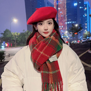 新年围巾女冬季韩版高级感百搭红色格子围脖学生情侣加厚保暖披肩