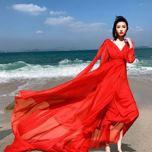 三亚云南海边度假旅拍照长裙民族风复古飘逸沙滩裙沙漠拖地连衣裙